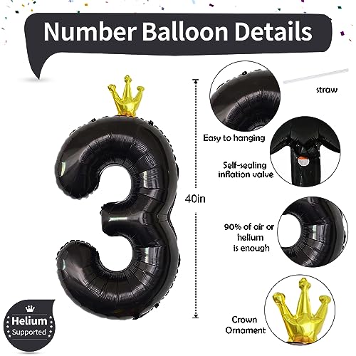 Image of 3rd Birthday Number Balloons for Girls, 40 Inch Black Foil Number Balloons, Large Crown Number Balloons 0-9 Set for Boys 30th Birthday Party Decor Anniversary Decoration Supplies