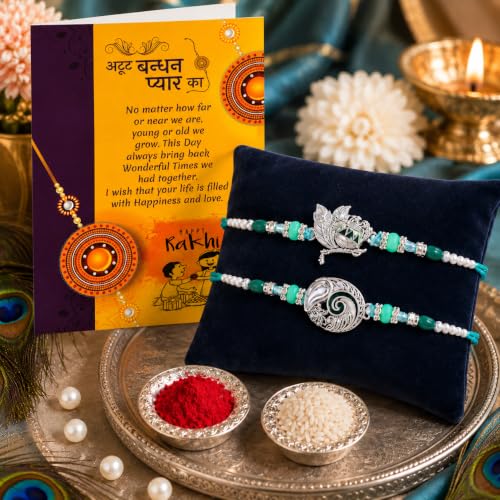 Image of CraftVatika Silver Plated Rakhi Set of 2 for Brother Boy Men, Designer Ganesha Radhe Krishna Rakhi for Brother, Premium Thread for Rakshabandhan Festival with Best Wishes Card and Tillak Set for Him