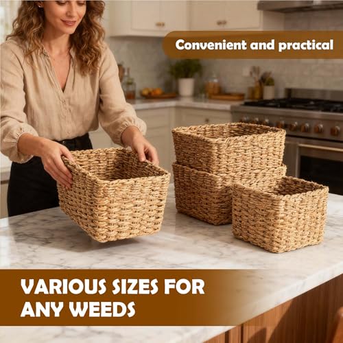 4 Stück Aufbewahrungskorb Geflochten,Korb Geflochten,Kleine Körbchen Stapelbare Körbchen für Wickeltisch und Deko,Kleine Aufbewahrungskörbe für Wohnzimmer,Küche – Dekokörbchen im Boho Stil