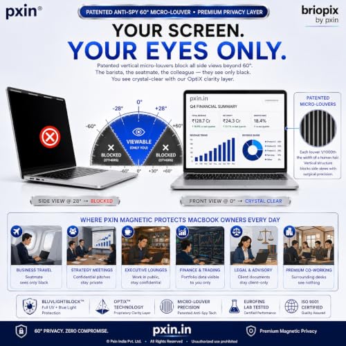 Image of Pxin 14 Inch MacBook Pro Magnetic Privacy Screen Filter | Silicone Grip | Anti Glare | Anti Blue Light | 99% UV A /B /C Block | BRIOPIX Grid Tech | Removable Laptop Screen Privacy Guard