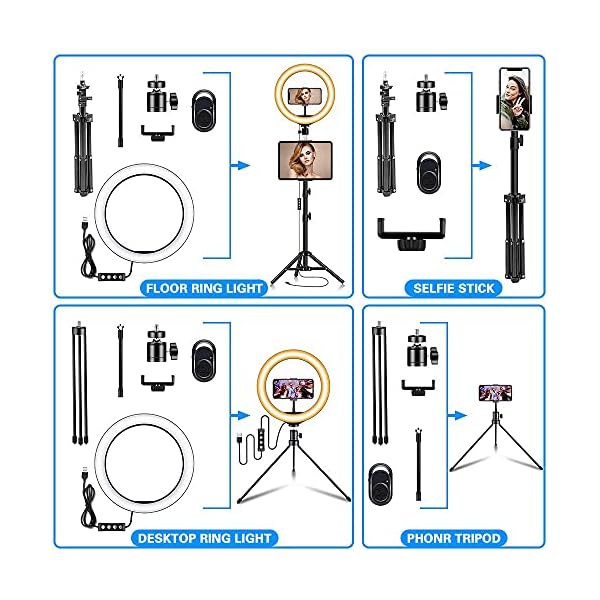 Plartree Ringlicht mit Stativ,10.2'' Selfie Ringleuchte mit 2 Telefonhalter 2 Fernbedienungen und Tischstativ, 3 Modus… – Bild 7