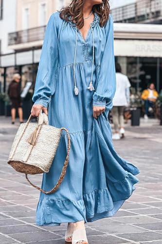 chouyatou Women's Spring Long Sleeeve Tiered Denim Dress Summer Flowy A-Line Maxi Long Tunic Dress3