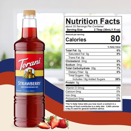 Image of Torani Strawberry Syrup 1L with Pump - Flavoring for Coffee & Cocktails