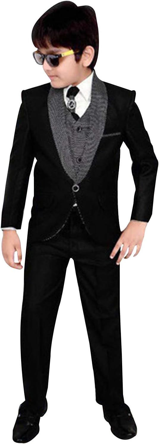 Boy's Velvet One Button Suit Three Pieces Jacket+ Small Houndstooth Vest+Pants Tuxedos