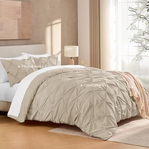Image of Andency Oversized King Pinch Pleat Comforter Set (120 inchx98 inch),3 Piece Lightweight Pintuck Bedding Comforters & Sets, Fluffy Down Alternative Comforter with 2 Pillow Shams for All Season,Khaki