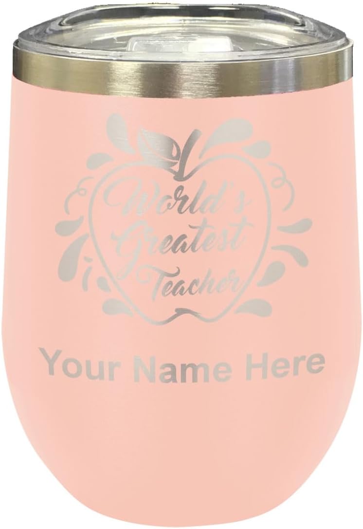 LaserGram 16oz Double Wall Stainless Steel Wine Glass Tumbler, World's Greatest Teacher, Personalized Engraving Included (Black)