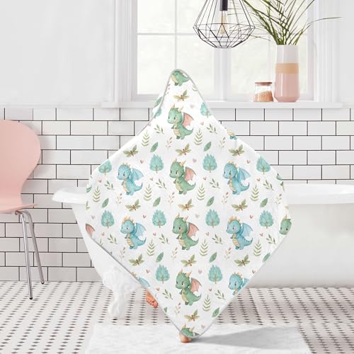 Image of Burbuja Cute Dragon Baby Bath Towel - Soft Absorbent Muslin Cotton Hooded Towel for Newborn Infant Toddler, 30x30 in