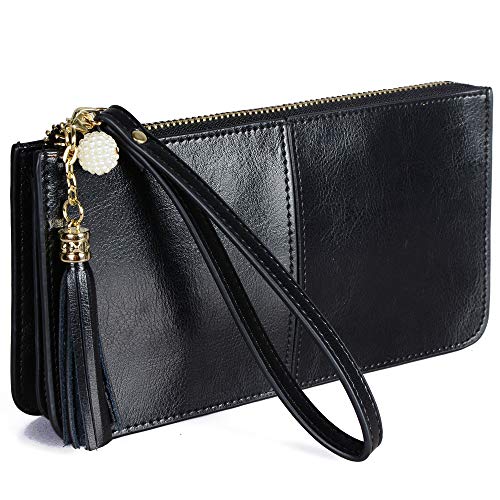 Befen Soft Leather Smartphone Wristlet Wallet Clutch with Exquisite Tassels/Wrist Strap/Card Slots/Cash Pocket- Fit iPhone 8/7/6 Plus-Black