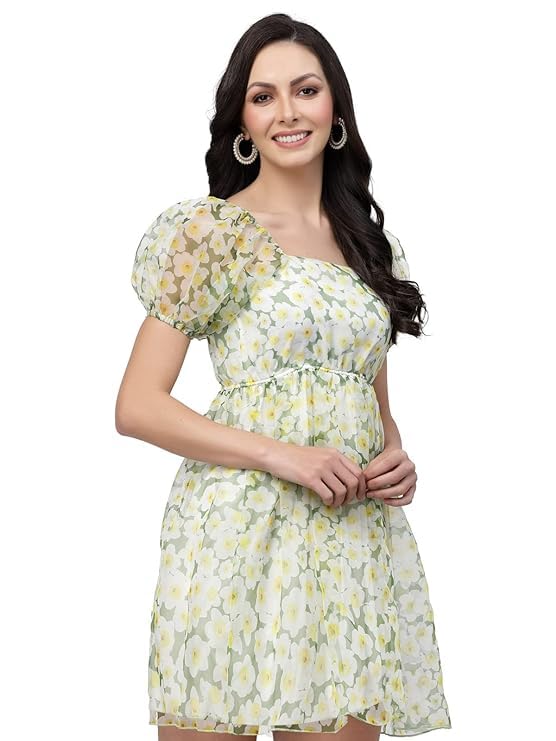 Image of Women Floral Organza Skater Dress Fit & Flare Short Dress Knee Length,Sizes S-XXL