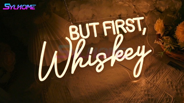 Image of SYLHOME But First Whiskey Led Neon Light Sign Home Bar Home Bedroom Pub Wall Sign Decor Wedding Birthday Christmas Party Backdrop 15.75 inch X 8.82 inch USB