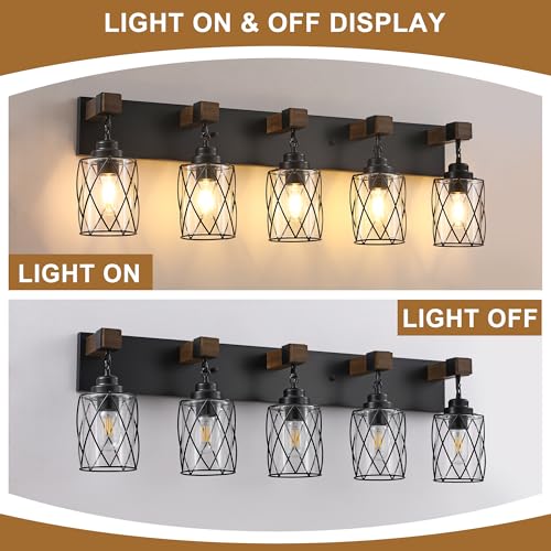 Image of Bathroom Light Fixtures, Farmhouse Wood & Black Metal with Glass Shade | 5 Light Rustic Vanity Lights, Mounted Over Mirror For Bathroom, Bedroom and Hallway, Easy To Install
