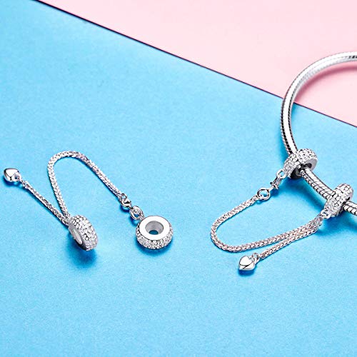 Image of ARTCHARM Heart Safety Chain Charm 925 Sterling Silver Beads fit European Charms Bracelet & Necklace
