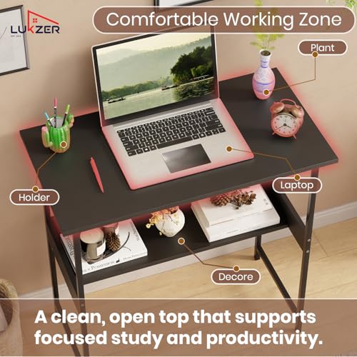 Image of Lukzer Study Desk with Open Storage Shelf | MST-004S /Black & Black | Durable Metal & Wooden Study Table for Home & Office | Space-Saving Laptop /Computer Workstation for Students & WFH (75x40x75 cm)