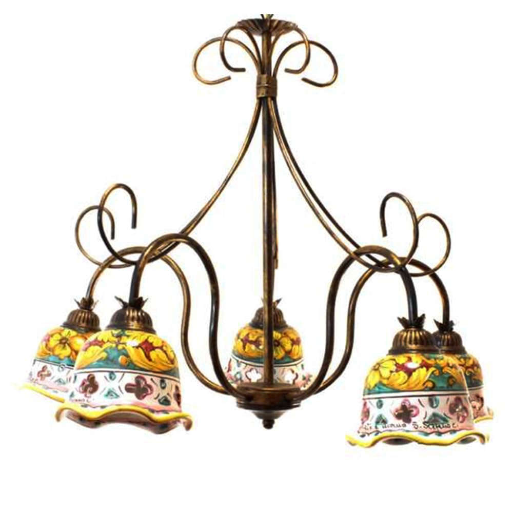 Generico Lampadario in ferro battuto classico rustico con ceramica siciliana camera da letto, salotto Giulia-5L