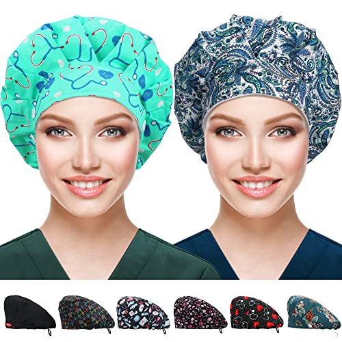 ABAMERICA 2 Pack Bouffant Caps with Button and Sweatband, Adjustable Scrub Caps for Women Men, One Size Multi Color A-42 Single Layer Satin Blk + Blk Single Layer