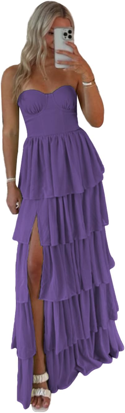Lawrncedw Strapless Ruffles Prom Dress Tiered Bridesmaid Dresses Sweetheart Chiffon Long Formal Evening Gown with Slit