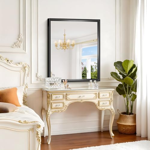 Image of Bathroom Mirror, 36 x 30 inch Brushed Black Rectangle Mirror, 0.6 inch Thickened Deep Metal Frame Rectangular Vanity Mirror for Over Sinks, Tempered Glass, Antirust, Horizontally or Vertically
