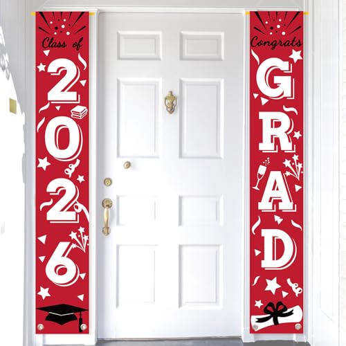 Image of Graduation Porch Banner Class Sign Congrats Grad Hanging Flags High School College University Party Decoration For Front Door Outdoor Red
