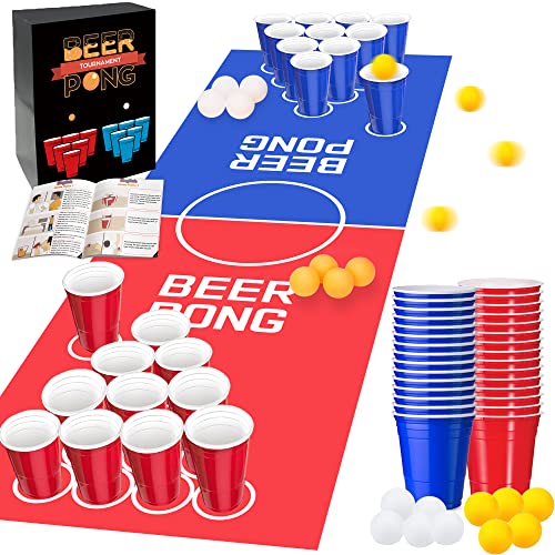 Chennyfun Beer Pong Kit, Jeux à Boire Comprend Tapis de Jeu Beer-Pong, 50 Beer Pong Gobelets, 10 Balles pour Fêtes, Festivals, Tournois, BBQ, Facile à Nettoyer, Imperméable et Indéchirable