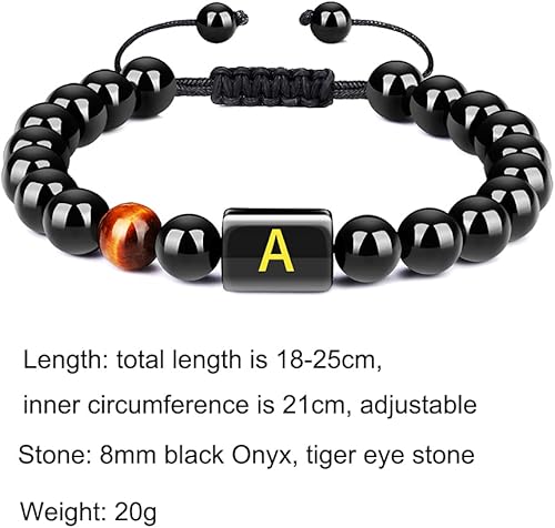 Miniatura 5 de Initial Bracelets for Men Letter Link Handmade 8mm Natural Black Onyx Tiger Eye Stone Beads Braided Rope Meaningful Bracelet Father's Day Gift