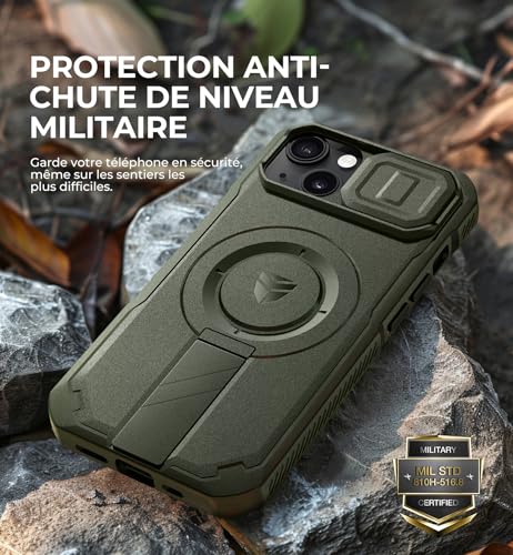 Coque iPhone 13/14 antichoc Dexnor vert militaire avec support - 6