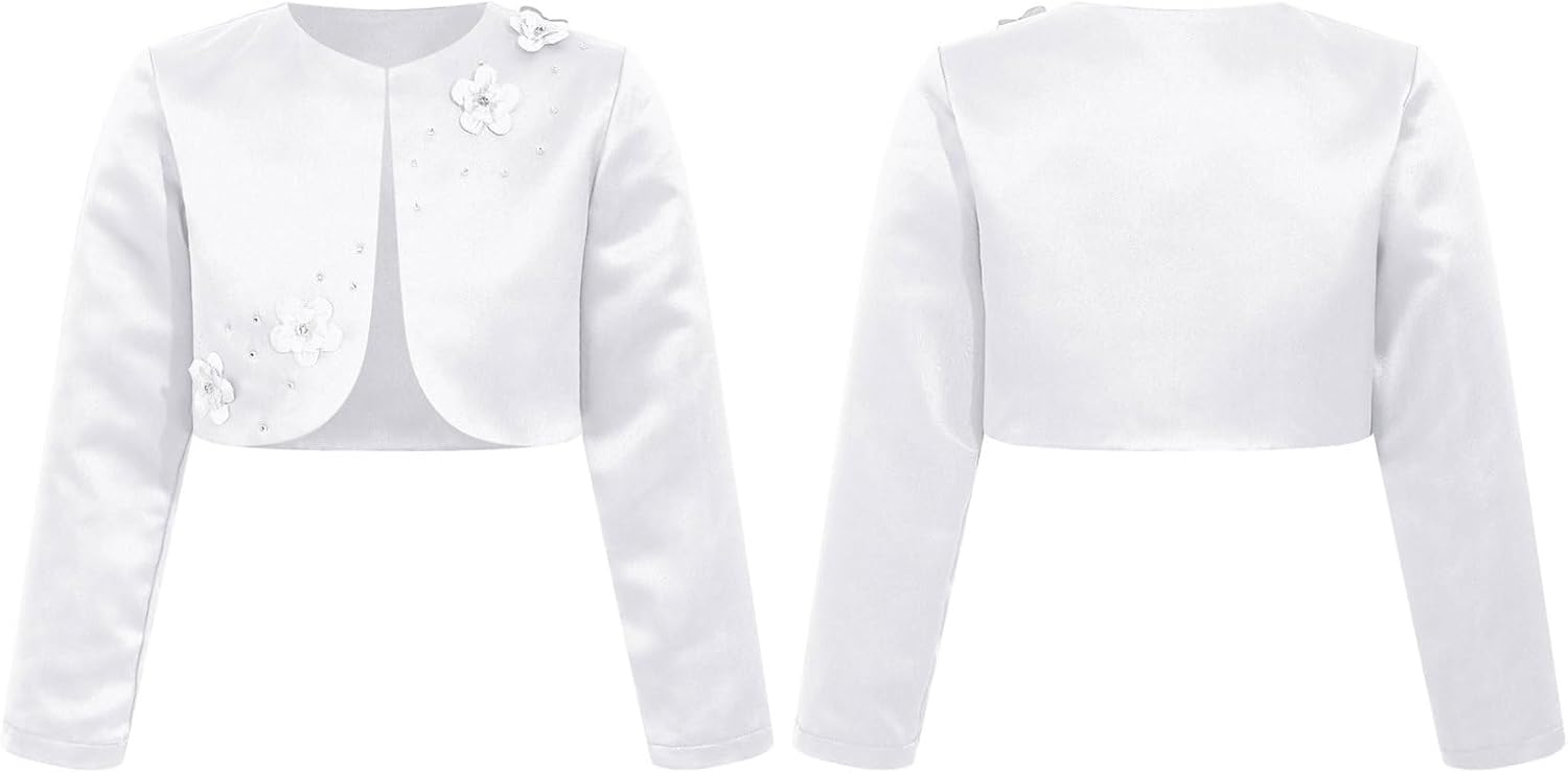Choomomo Girls Elegant Satin Bolero Shrug Cropped Long Sleeve 3D Applique Open Front Cardigan Jacket