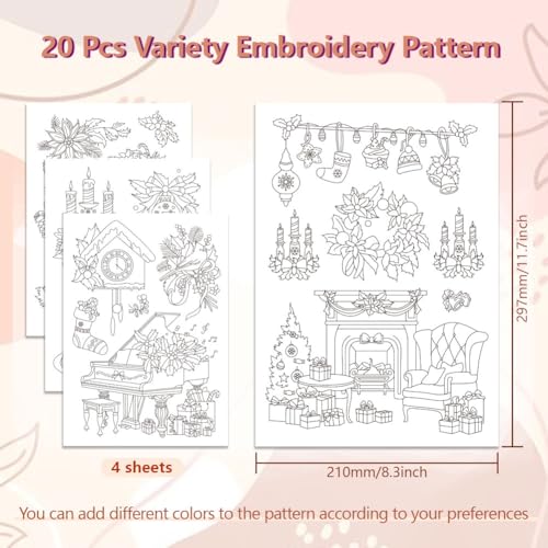Image of Peacoblue Water Soluble Embroidery Patterns for Beginners, Christmas Tree Piano Bird Misttletoe 4 Sheets with 20pcs, Wash Away Embroidery Pattern Stabilizer for Hand Sewing Lover Women Adults