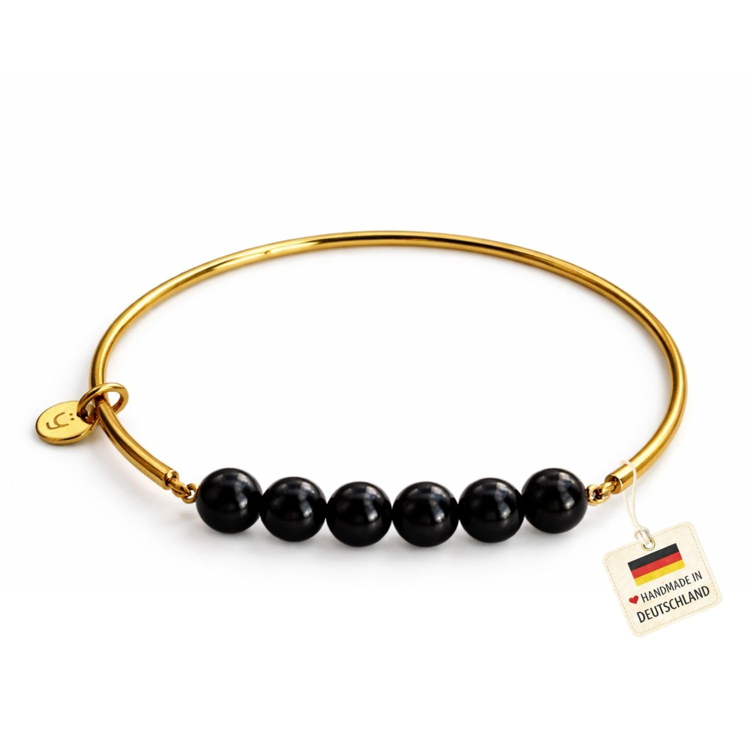 happymaker - Edelstein Armreifen, elastischer Edelstahl Armreif Gold Damen mit Edelstein Perlen, handgefertigt in Deutschland