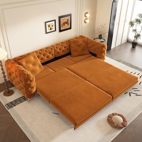 Image of KEIKI 97.7 inch Convertible Sleeper Sofa Bed, 3 in 1 Pull Out Sofa Bed, 4-Seater Button Tufted Couch with Movable Ottoman for Living Room, Bedroom, Apartment, Orange