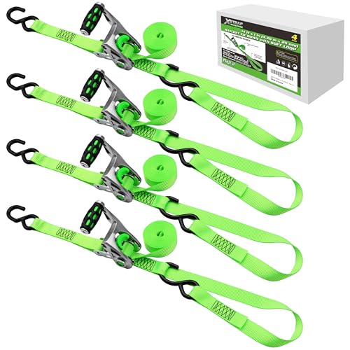 XSTRAP STANDARD 1in x 14ft Ratchet Straps with Ergonomic Aluminium Alloy Handle and Coated S-Hooks - 500 lb. Working Load Limit / 1,500 lb. Breaking Strength - Green, 4PK