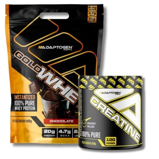 Kit Gold Whey Concentrado 900g Refil Sabor: Chocolate + Creatine (Creatina) 300g - Adaptogen | Whey Protein | Kit Whey + Creatina 300g | Creatina 100% Pure.