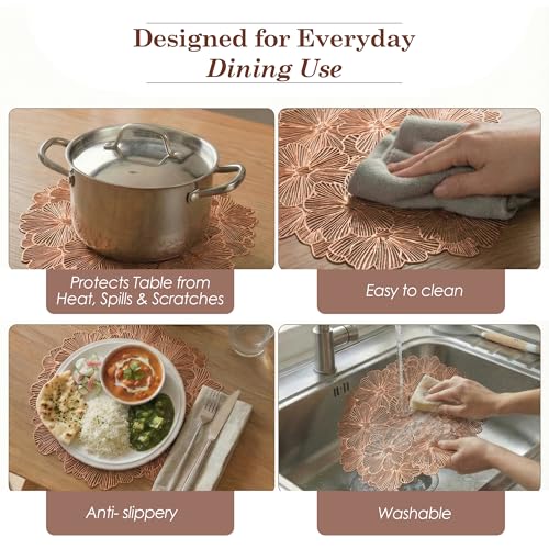 Image of Kuber Industries 4 Pcs Set Leather Side Table Mats | Washable Placemat /Dining Table Mat for Wedding and Family Functions | Flower Round Design - Copper