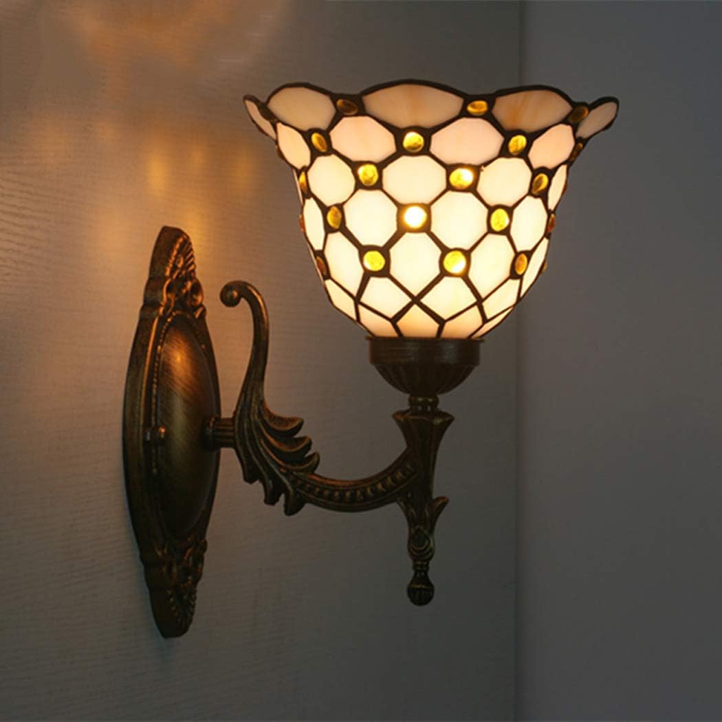 Glass Wall Light Art Tiffany Style Wall Lamp LED Sconces Antique Metal Base for Bedroom Hallway,H