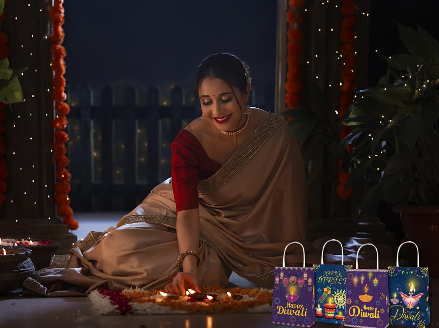 Miniatura 5 de ALIBBON 12 bolsas de regalo Happy Diwali, suministros de fiesta Diwali, bolsas de papel kraft para regalos de dulces, bolsas de regalo de fiesta