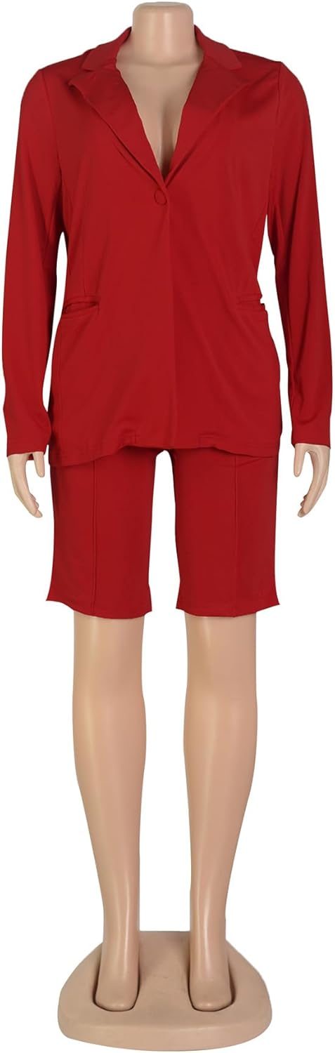 Women's 2024 Two Piece Outfits Casual Solid Color Open Front Blazer Shorts Set One Button Up Jacket and Bermuda Short Suits