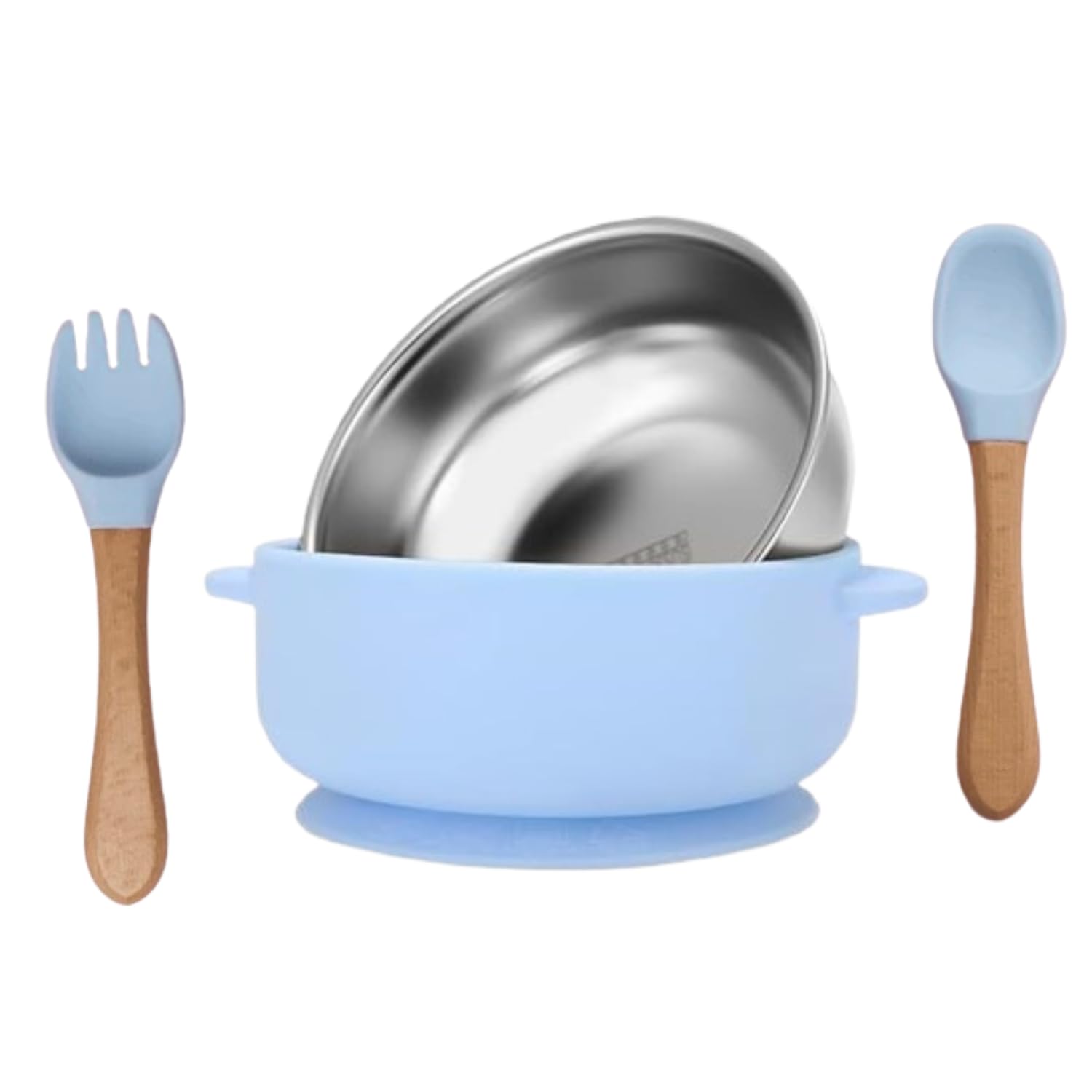 RENVA Stainless Steel Baby Bowls with Suction, 2-in-1 SUS304 Toddlers & Removable Silicone Suction Kids Bowl Anti Scald Non Toxic Snack Container for Baby Food Feeding. (Blue, Bowl+Spoon+Fork)-image-38