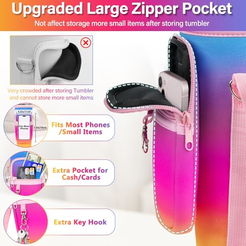 Image of Water Bottle Carrier Bag with Phone Pocket Compatible with Stanley /Meoky 40 oz Tumbler with Handle,Water Bottle Holder Pouch with Adjustable Strap Compatible with Stanley Cup Accessories,Rainbow