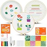 HTVRONT Sparkling Bead Embroidery Kit for Beginners- 3 Sets Complete Embroidery Kits with Step by Step Stitch Video & Instruction, Starter Embroidery Kit with 11 Stitches for Gifts for Woman
