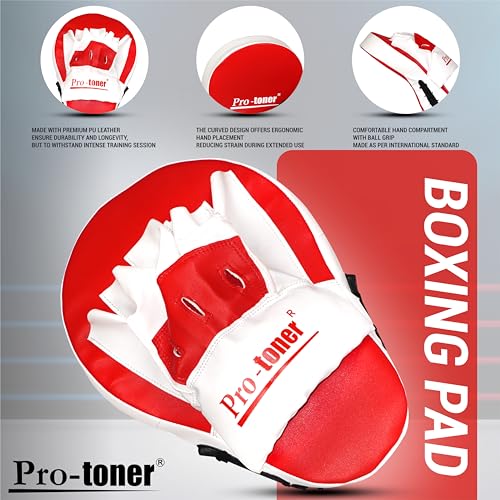 Image of Pro-Toner Boxing Focus Pads, Curved Maya Hide Leather, Hook and Jab Target Hand Pads, Black and White (Red)