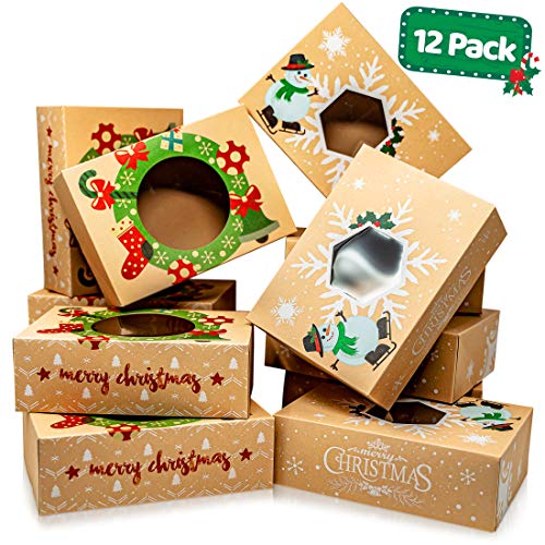 Joyousa Christmas Treat & Cookie Gift Boxes (Set of 12) - For Gift Giving - For Treats, Containers & Tins, Pastry, Candy, Party Favors - Jumbo Vintage Kraft Design with Clear Window