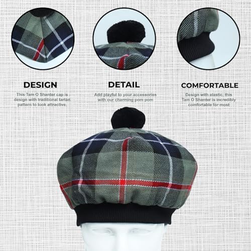 Image of Scottish Tam O' Shanter Hat Tartan Bonnet Pom Pom Wool Flat Cap One Size