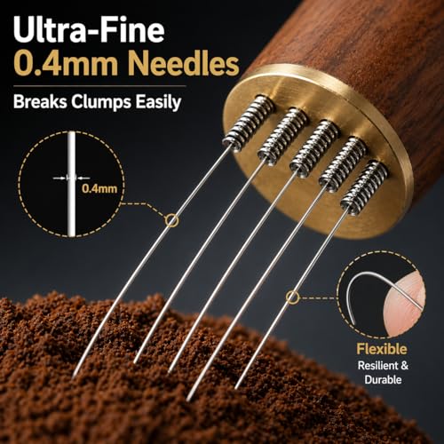 Image of Street27 Espresso Coffee Needle Stirrer Tool - 6 Stainless Steel Needles with Natural Wooden Handle & Stand | WDT Distribution Tool for Even Coffee Grounds Preparation