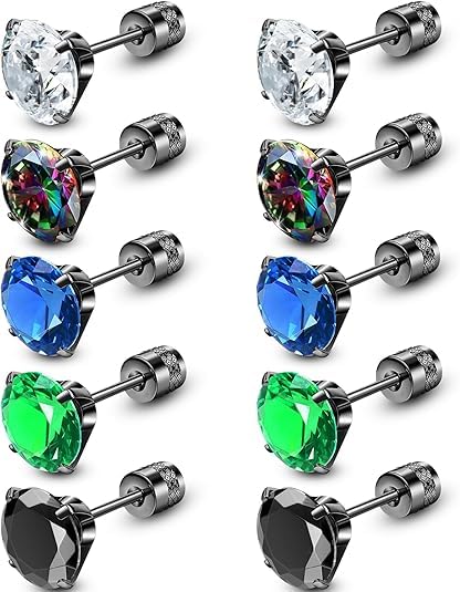 ONESING Screw Back Mens Earrings Stud Surgical Stainless Steel Studs Earrings for Women Men Hypoallergenic Cubic Zirconia Flat Back Screw on Earring for Multiple Piercing