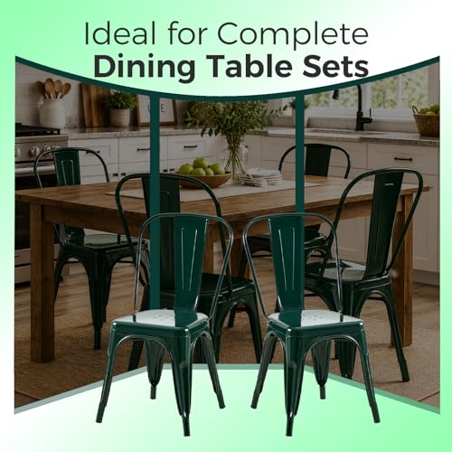 Image of Metal Dining Chairs with Backrest, Stackable, Dark Green, 6 Pack | Easy Assembly, Non-Slip Feet, 330 lb Capacity, Kitchen, Restaurant, Cafe, Pub, Covered Patio