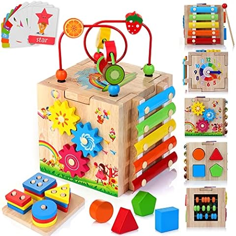 HELLOWOOD Motorikwürfel Aktivitätswürfel aus Holz 8 in 1 Motorikspielzeug mit Stapel- und Sortierbrett Wort Karten(Auf Englisch) Montessori Lernspielzeug für Kleinkinder Baby ab 12 Monaten Cover