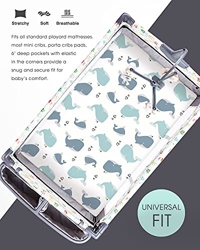 Grssder Stretchy Ultra Soft Jersey Knit Fitted Pack N Play Sheets Set 2 Pack, Portable/Mini Cribs Playards Sheets, Lovely Whale For Girls And Boys #TOP2