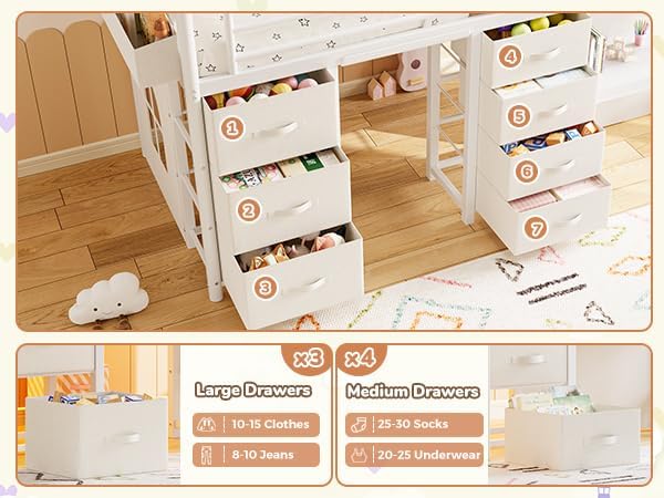 Low Loft Bed Twin Size with 7 Storage Drawers, Desk and LED Lights, Heavy Duty Metal Kids Loft Bed with 12" H Safety Guardrail, Anti-Collision Pad, Private Play Curtain, Under-Bed Play Space (White)