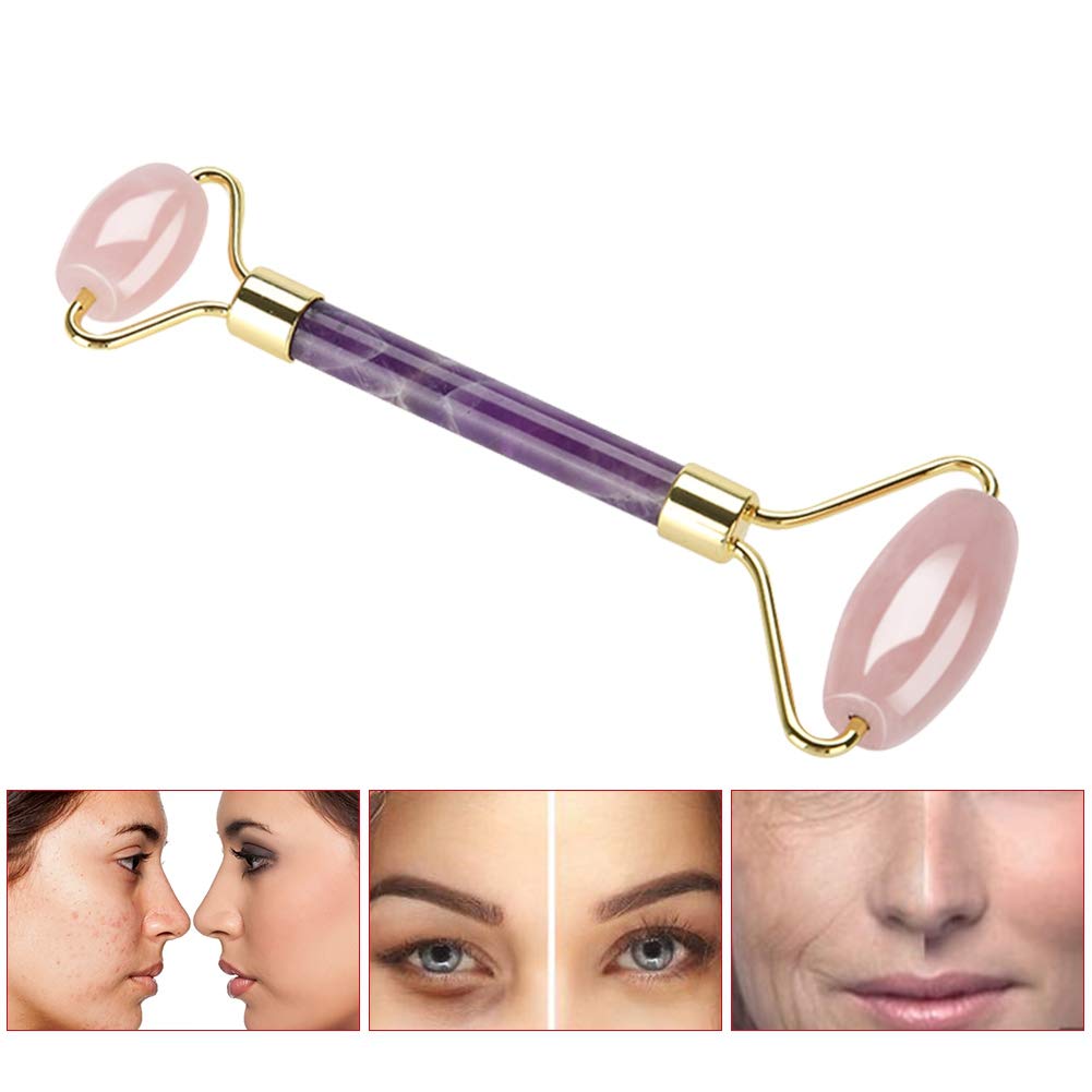 Pongnas Jade Roller Massage Premium Dwustronny Masażer do Twarzy do Usuwania Zmarszczek i Odmładzania Skóry Biały Ametyst (Końcówka z kwarcu różowego + pręt ametystowy)