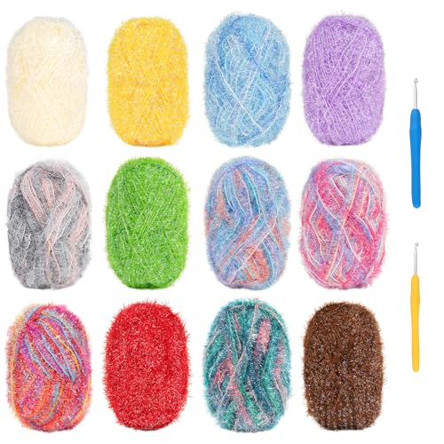 Coopay Scrubby Yarn for Dishcloths - 12 Skeins of 50g/1.76oz - 109 Yards - Polyester Sparkle Yarn for Crocheting & Knitting Multicolor Scrubby Yarn with Step-by-Step Video Tutorials for Dishcloths