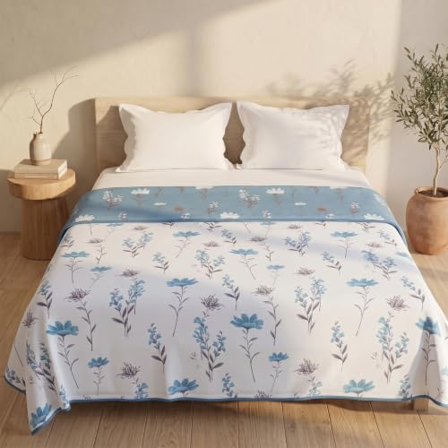 Image of HUESLAND 100% Cotton Reversible Dohar Double Bed Cotton | Soft Cambric Weave, All Weather Light AC Blanket | 86 x 94 inches, Floral - White & Blue